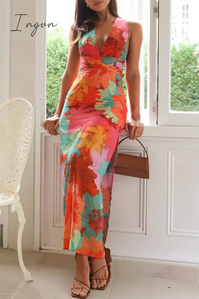 Ingvn - Sexy Floral Print Lace Up Backless Strap Design V Neck One Step Skirt Dresses