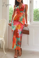 Ingvn - Sexy Floral Print Lace Up Backless Strap Design V Neck One Step Skirt Dresses