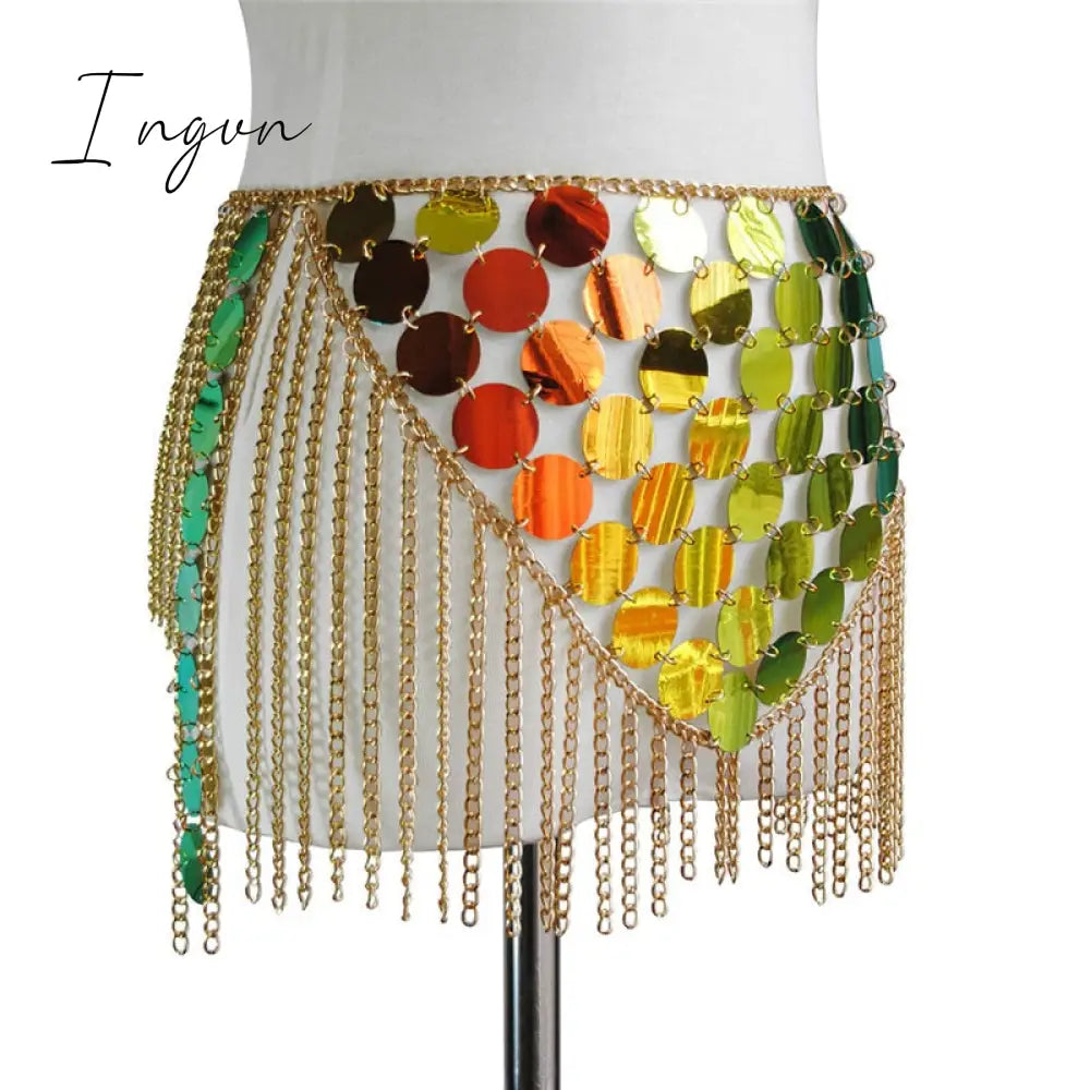 Ingvn - Trends Fashion Gradient Color Shiny Sequins Dots Two Piece Set Low Cut Backless Sleeveless Crop Tops Tassel Mini Skirt Sexy Beach Outfits