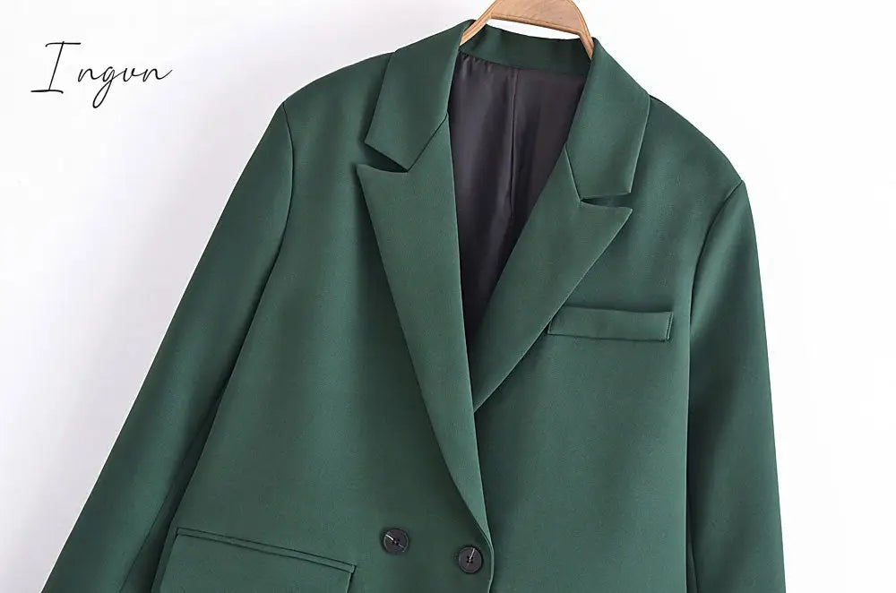 Ingvn - Women Fashion Solid Double Breasted Blazers Female Elegant Long Sleeves Loose Jacket Coats Office Ladies Outerwear Top