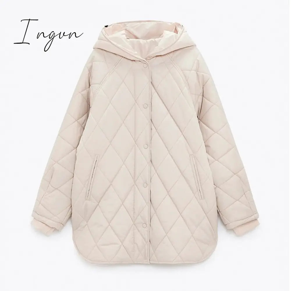 Ingvn - New Winter Oversize Fashion Vintage Plaid Hooded Parka Women Casual Pockets Cotton Jackets Coat Loose Long Outwear Female
