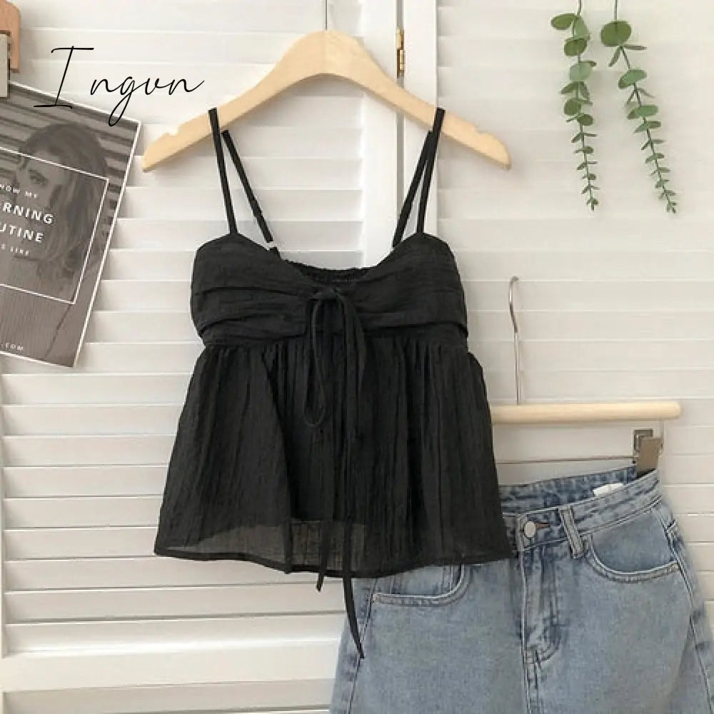 Ingvn - Summer New Korean Style Sweet Crop Tops All-Match Bow Tie Sleeveless Short Mesh Outer Wear Spaghetti-Strap Camisole Top