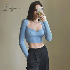 Ingvn - Fashion Trends European and American Fashion Autumn New Women's Solid Color Long-sleeved Slim Top Feminine Peach Heart V-neck Woolen Sweater