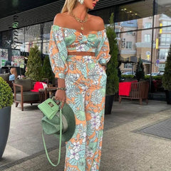 Ingvn - Women Fashion Two Piece Sets Print  Suits Summer Beach Streetwear Autumn 2 Piece SetsTops +Elegant Long Pants