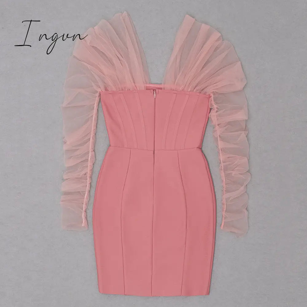 Ingvn - Fashion Trends Summer Women Sexy Off Shoulder Long Sleeve Backless Mesh Pink Mini Bodycon Bandage Dress Elegant Evening Club Party Dress