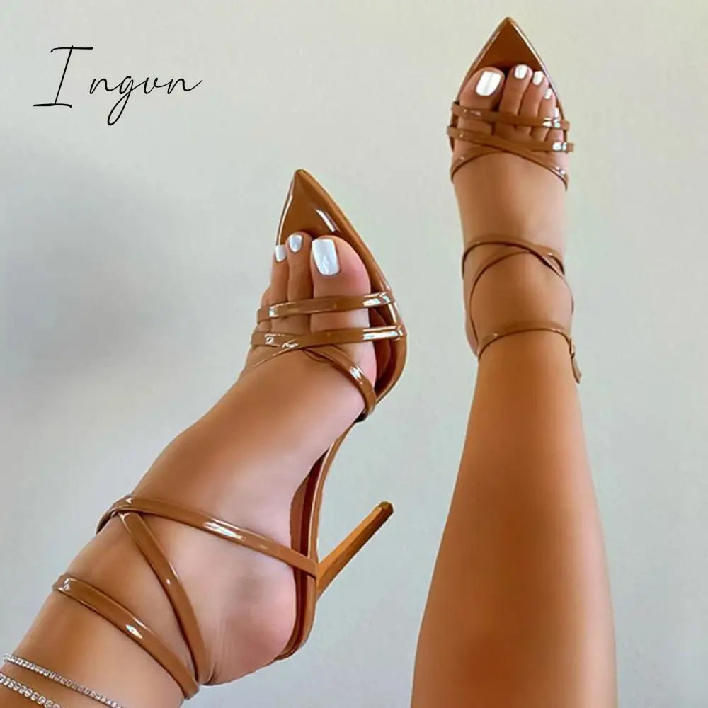 Ingvn - Womens Pointed Toe Solid Stiletto Heels Ankle Strap Sandals