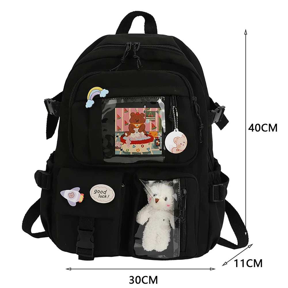 INGVN  Kawaii Aesthetic Women Backpack School Bag for Teen Girls Japanese Korean Rucksack Student Bookbags with Cute Accessor Mochila