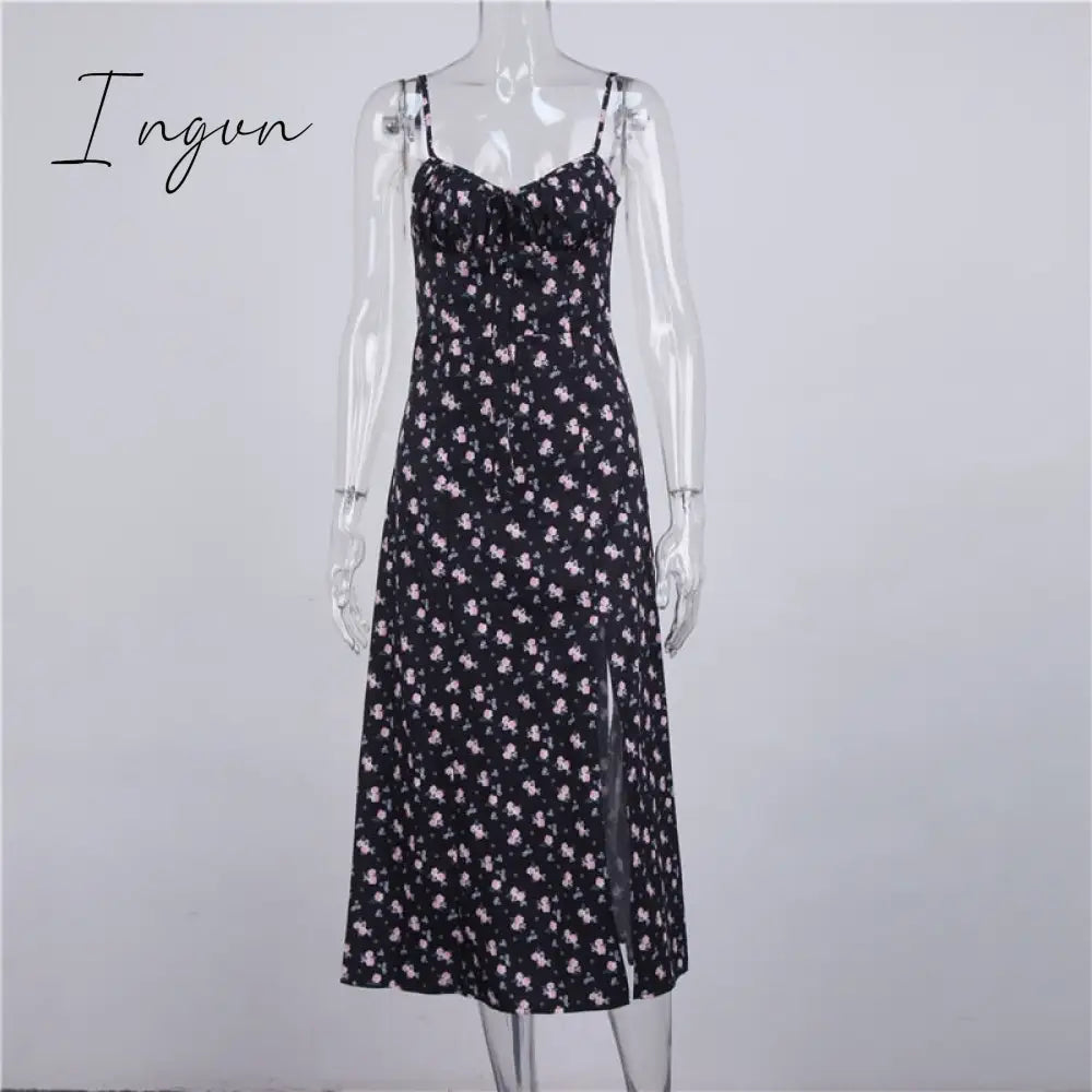 Ingvn - Wine Floral Dress Women Prairie Chic Spaghetti Straps Backless Chest Draped Lace Up Side Split Sexy Long Dresses