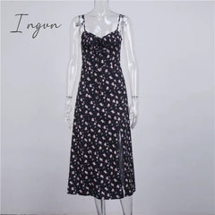 Ingvn - Wine Floral Dress Women Prairie Chic Spaghetti Straps Backless Chest Draped Lace Up Side Split Sexy Long Dresses