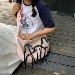 Ingvn  Sweet Preppy Style Nylon Color Contrast Color Bow Shoulder Bag Large Capacity Lightweight Women Crossbody Pretty Tote Bag