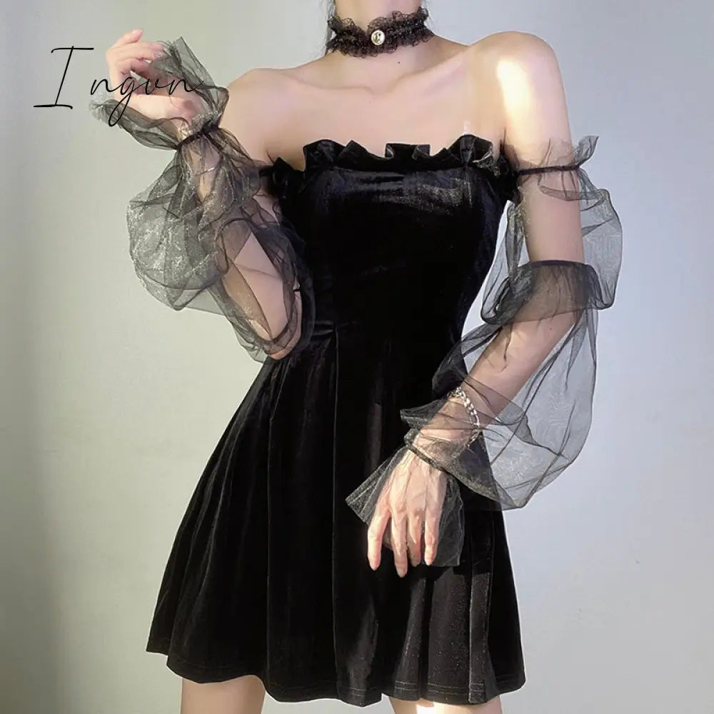 Ingvn - Gothic Sexy Dress Vintage Off Shoulder Lantern Sleeve Mesh Patchwork Velvet Mini Dress Dark Street Black Dress for Female