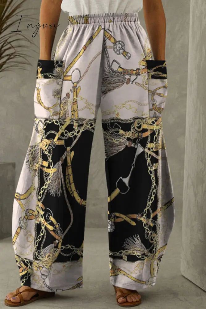 Ingvn - Red Casual Print Patchwork Pocket Regular High Waist Conventional Full Print Trousers