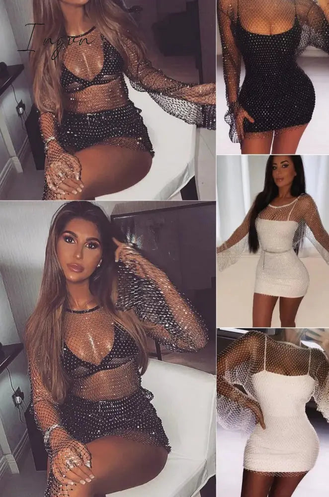 Ingvn - New Crystal Diamond Sexy Bodycon Dress Women Hollow Out Mini Dress Summer Fishnet Mesh Beach Dress Party Vestidos Ingvn