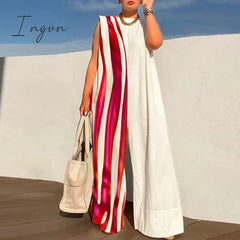 Ingvn - Summer Women Casual O-Neck Sleeveless Tank Playsuits Fashion Pattern Print Wide Leg Jumpsuit Office Lady Loose One Piece Rompers