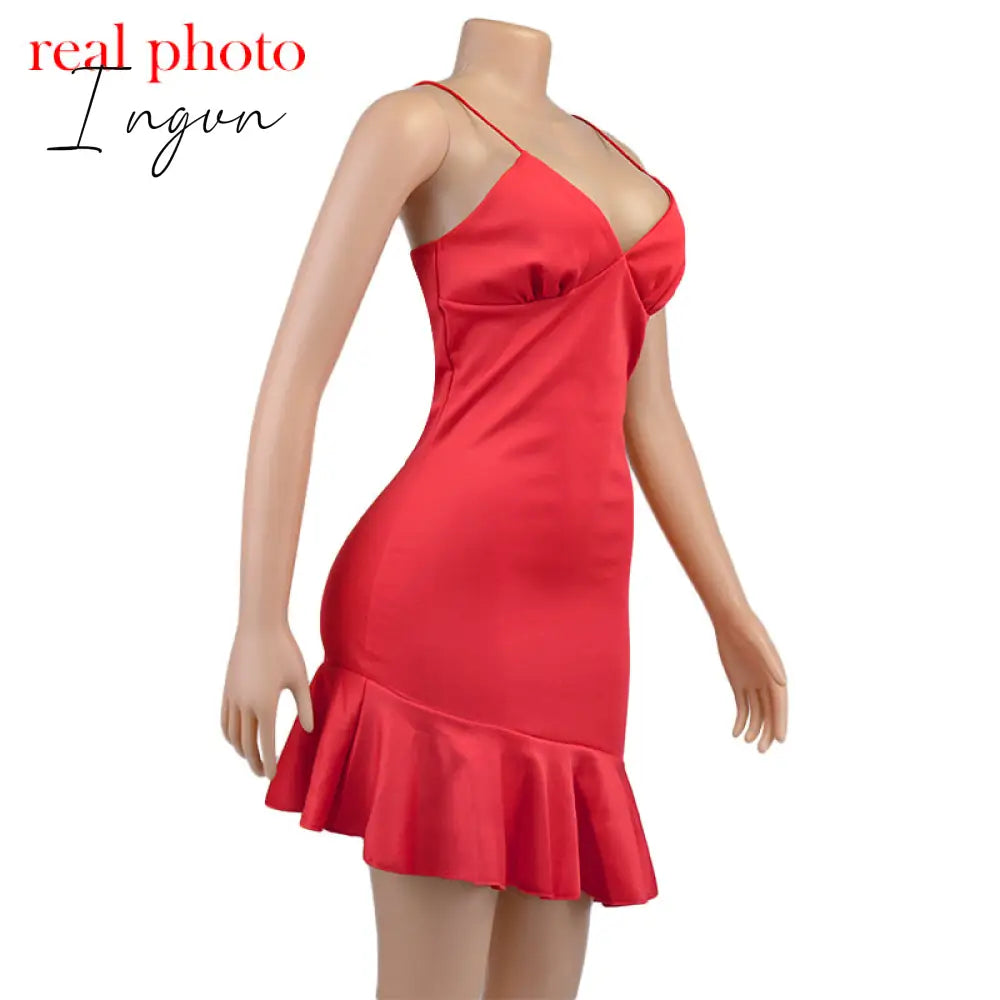 Ingvn - Spaghetti Straps Ruffles Mini Dress Club Party Elegant Sleeveless Slip Women's Summer Sundress Outfits Holiday
