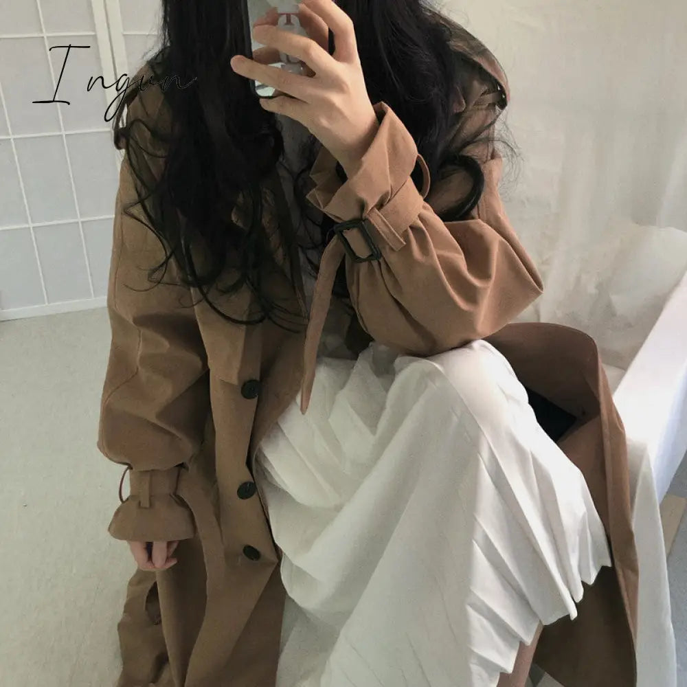 Ingvn - Chic Women Trench Coat Casual Women's Long Outerwear Loose Overcoat Autumn Winter Fashion Double-breasted Windbreaker Femme