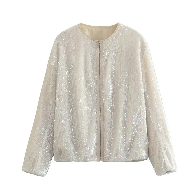 Ingvn  O-neck Sequins Bomber Jackets for Women Autumn Fashion Zip-up Long Sleeve White Coats Streetwear Female Tops Outerwears