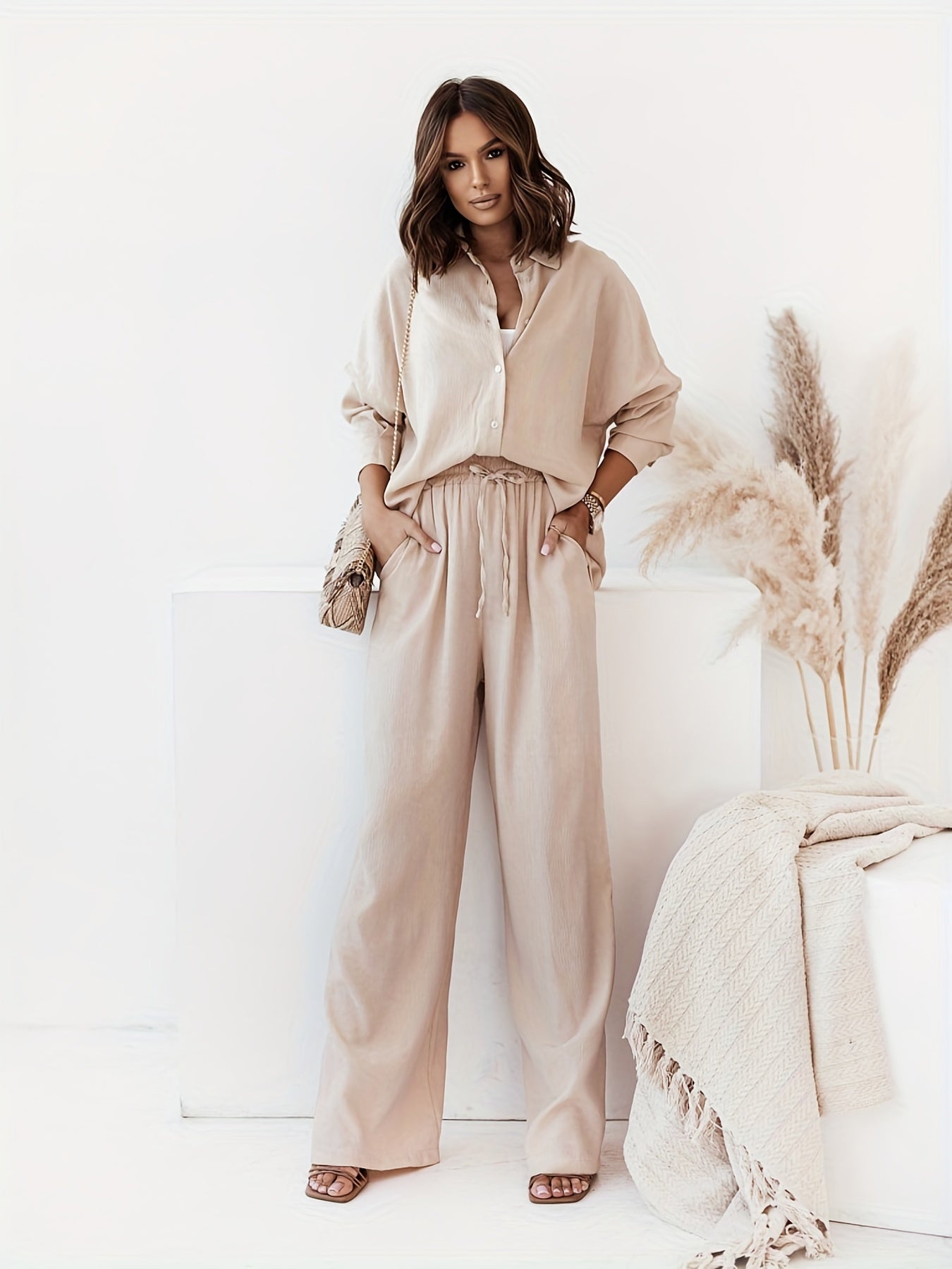 Two-Piece Chic Pantsuit Set - Women's Solid Casual Outfit with Button Front Turn Down Collar Shirt and High Waist Wide Leg Pants - Comfortable and Elegant Clothing for Everyday Wear