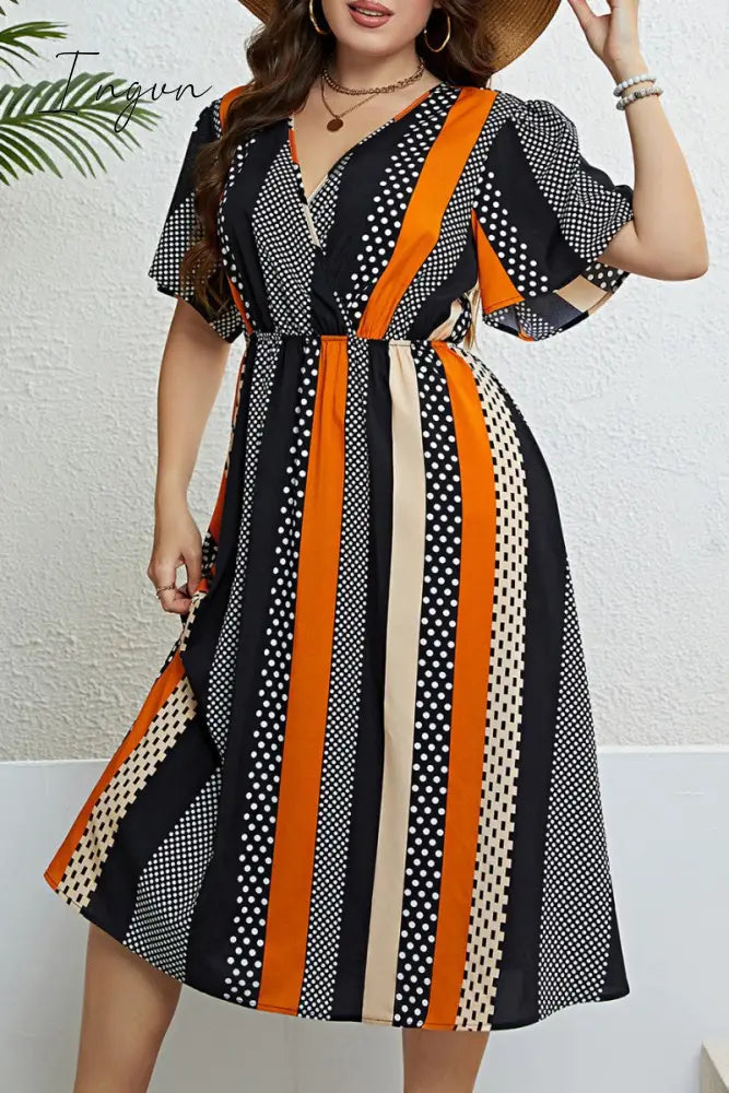 Ingvn - Casual Print Patchwork V Neck Short Sleeve Dress Plus Size Dresses
