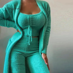 Ingvn - Women Elegant Fleece Soft 3 Piece Suit Fashion Square Collar Drawstring Tops+Long Cardigan Outfits Casual Pajamas Solid Set