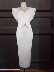 Ingvn - Women White Long Dress V Neck Ruffles Sexy Party Celebrate Bodycon Event Occasion Vestidos Female Robes Night Date Out Clubwear