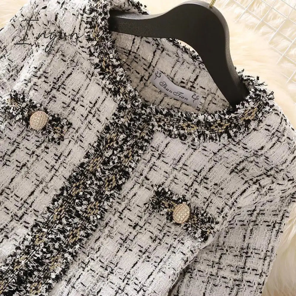 Ingvn - 2023 Trends Hot Sale Kurta For Women Cropped Tweed Coat Vintage O-Neck Open Stitch Tassel Slim Plaid Jacket Korean Blends Wool Outwear Tops Female
