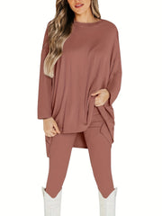 Plus Size Casual Outfits Set, Women's Plus Solid Long Sleeve Round Neck Oversized Top & Leggings Outfits Two Piece Set