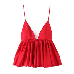 Women Puffy Hem Red Satin Camis Sexy Spaghetti Straps  V Neck Summer Tops Chic Party Streetwear Crop Top