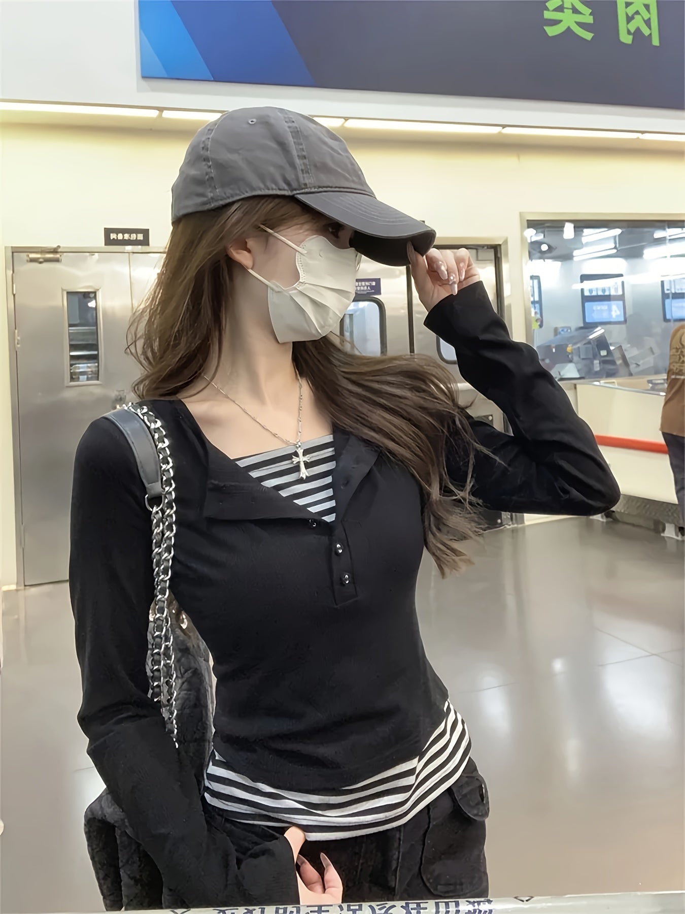 2 In 1 Long Sleeve Striped Print T-shirt, Casual Button Front Top For Women, Spring & Fall
