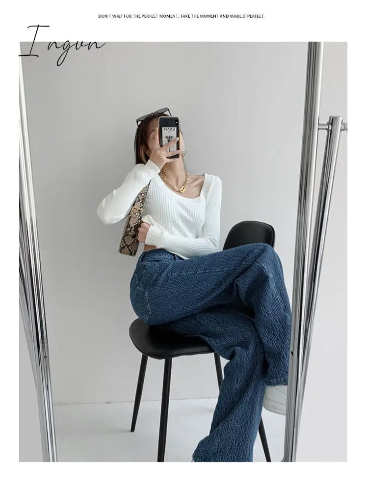Ingvn - Women Jeans High Waist Casual Streetwear y2k Baggy Office Lady New Fashion Korean Denim Trousers Female Straight Wide Leg Pants