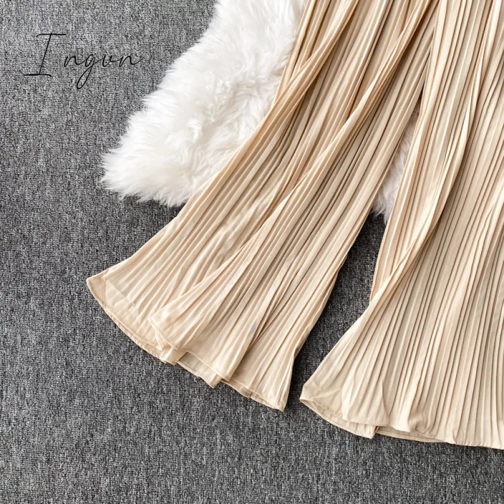 Ingvn - Vintage Notched Collar Draped Rompers For Women Casual Sleeveless High Waist Wide Leg Playsuits Female Beige/Green Jumpsuit