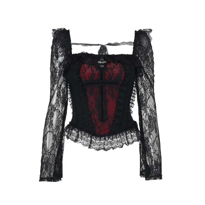 Mall Gothic Vintage Lace T-shirt Women Palace Style Sexy Cross Lace Patchwork Square Collar Flare Sleeve Crop Tee Tops