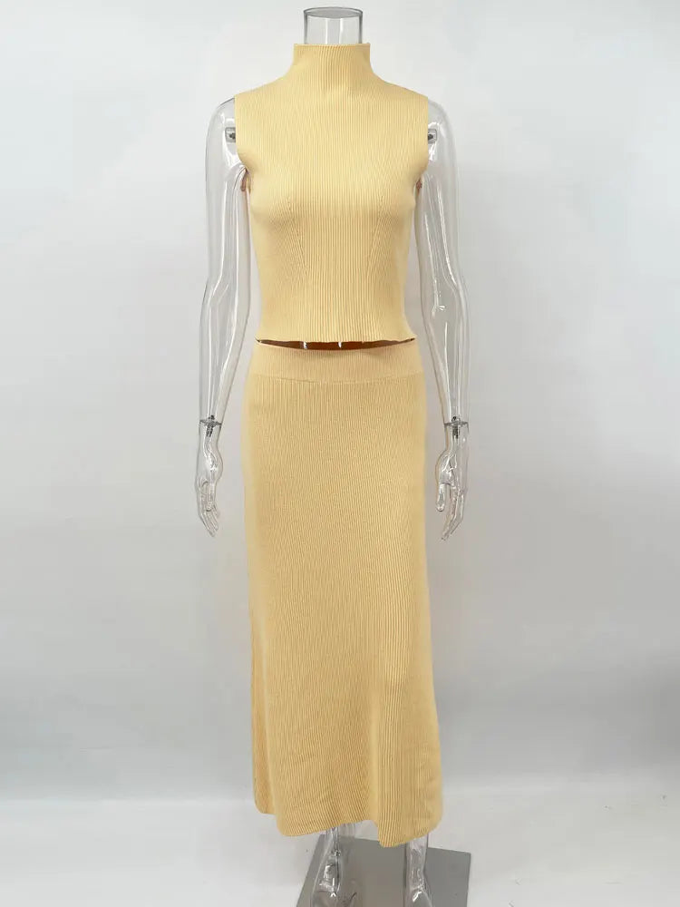 Elegant Knitwear 2 Piece-Set Long Dress Female Ribbed Sweater Pullover And Loose Patchwork Maxi Skirt Sets Ladies Outfits