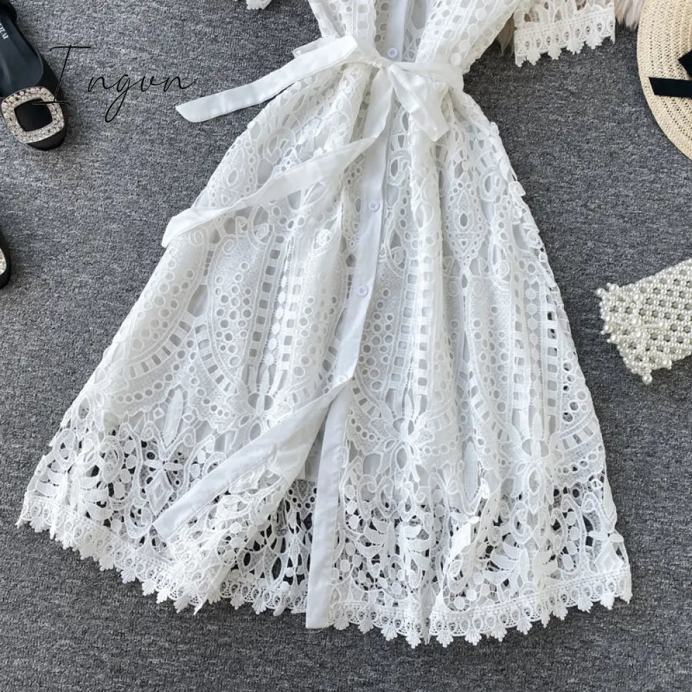 Ingvn - Women Elegant Hollow Out Lace Dress Office Lady Summer Solid O-Neck Button up Sashes Midi Dress Female Chic Short Sleeve Dress