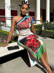 Ingvn - Fashion Print Dress Set Women One Shoulder Crop Top And Midi Skirt Matching Sets Female Bodycon Sexy Two Piece Sets