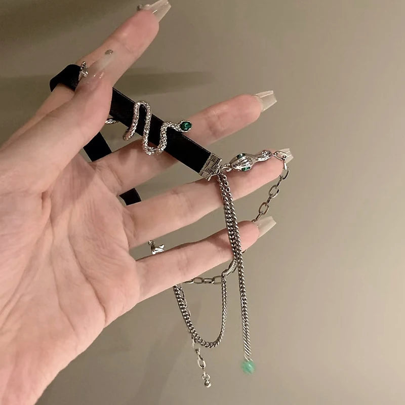 INGVN  Punk Snake Shape Necklace Original Design Tassels Cool Style Thick Plated Silver Color Chain Black Chokers For Women Jewelry