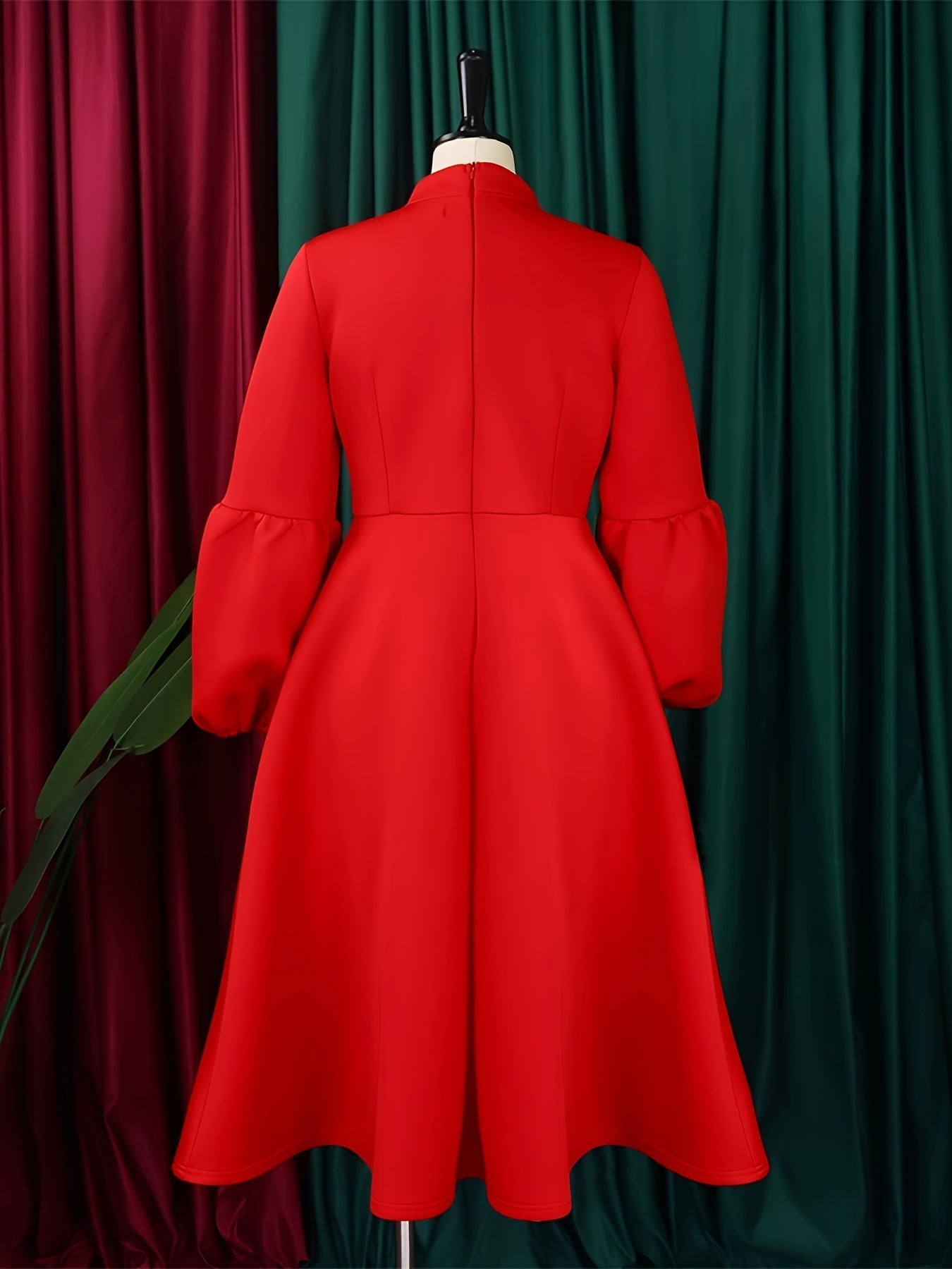 Solid Color Tie Neck Aline Dress, Elegant Ruffle Trim Lantern Sleeve Dress For Spring & Fall, Women's Clothing