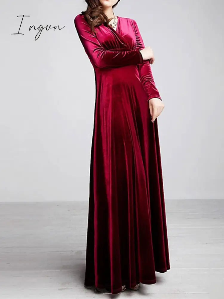 Ingvn - Women‘s Party Dress Wedding Guest Dress Velvet Dress Long Dress Maxi Dress Black Wine Royal Blue Long Sleeve Pure Color Ruched Fall Spring V Neck Fashion Party Winter Dress Evening Party 2023 S M L XL