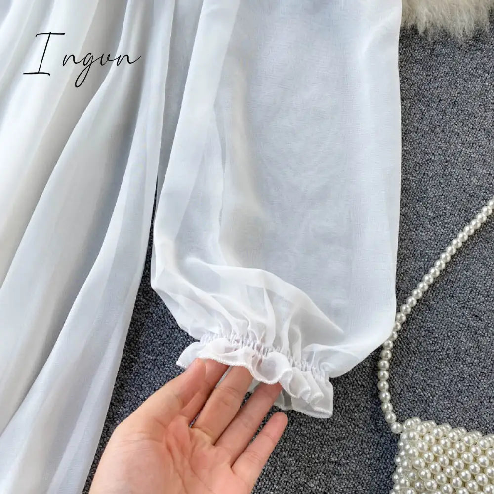 Ingvn - New Spring Autumn Dresses for Women Women Elegant Holiday Dresses Puff Sleeve Slash Neck Off Shoulder Smocked White Chiffon Dresses