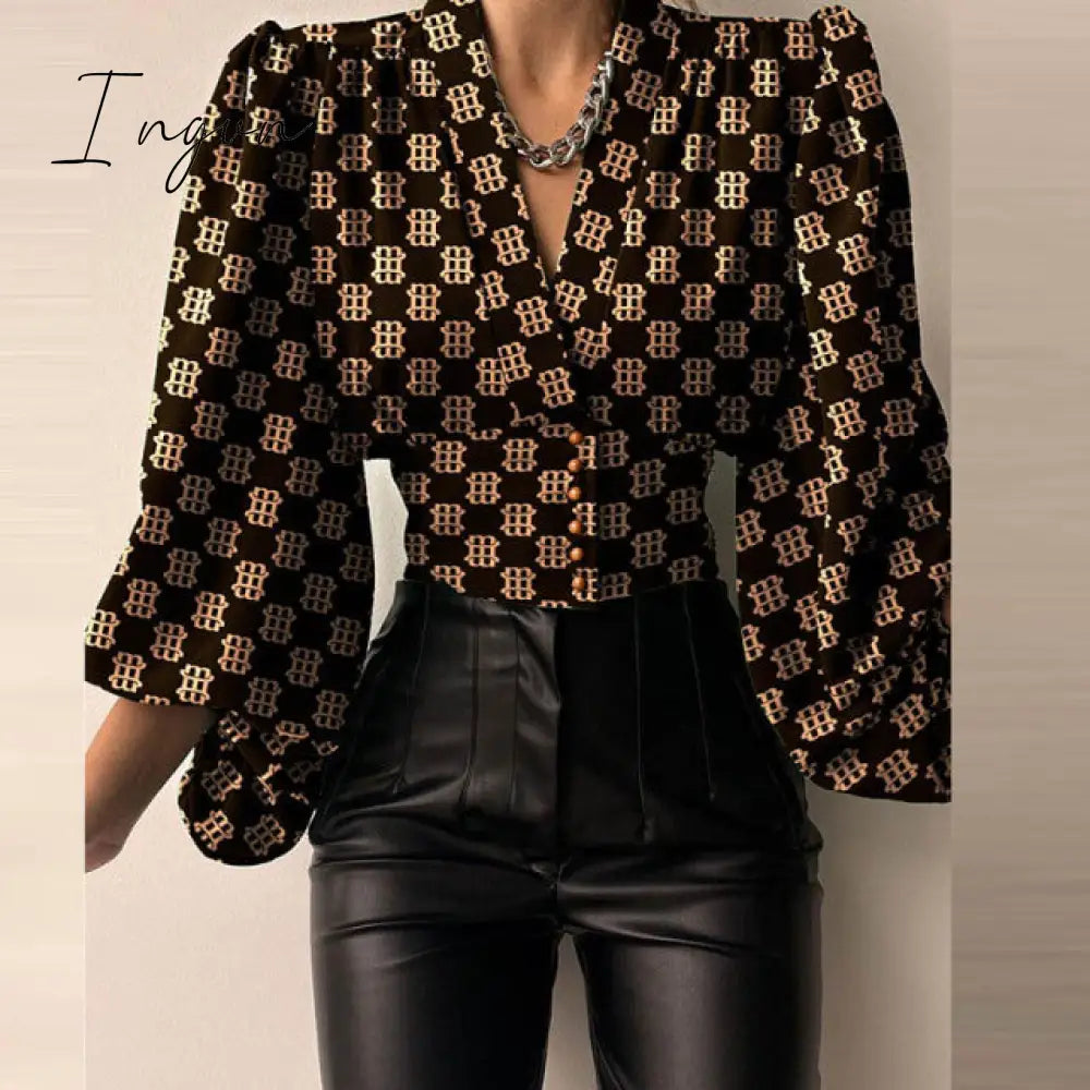 Ingvn - Spring Fashion Women Shirt Lantern Long Sleeves Casual Solid Color Printed Slim Buttons V Neck Blouse Commute High Street Shirts