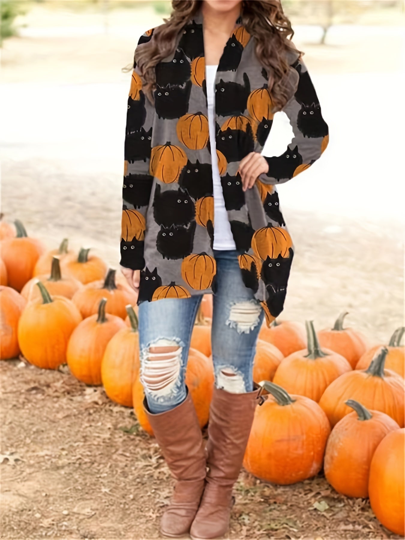 Halloween Pumpkin Pattern Cardigan, Casual Open Front Long Sleeve Cardigan For Spring & Fall, Women's Clothing