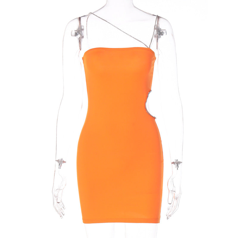 Orange Strapless Mini Dress Summer Women Fashion Diamond One Shoulder Bodycon Dress  Sexy Cut Out Club Party Dresses Outfits