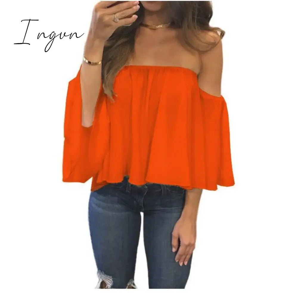 Ingvn - Summer T-shirt Women Fashion Sexy Chiffon Off Shoulder Shirts Strapless Short Sleeve Beach Tops Tee Feminine 5XL
