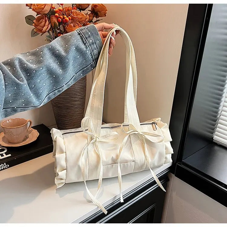 Ingvn  Women Summer Stylish Shoulder Bag Large Capacity Ruched Bow Ballet Style Pillow Bag Casual Versatile Commuter Handle Bag