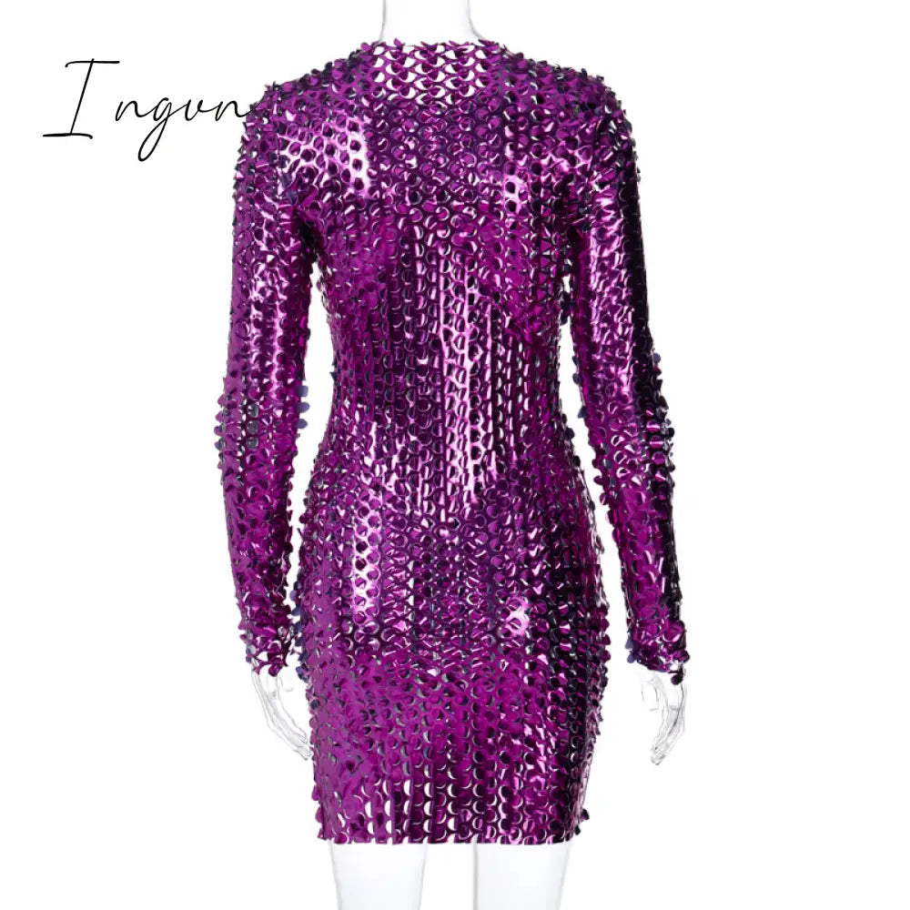 Ingvn - Long Sleeve Cut Out Solid Skinny Sexy Mini Dress Autumn Winter Women Fashion Party Club Elegant Outfits