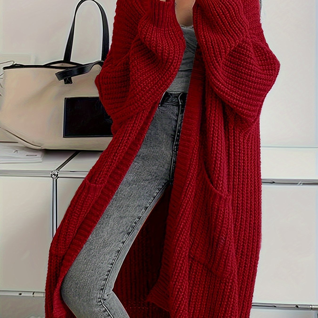 Solid Open Front Cardigan, Casual Long Sleeve Drop Shoulder Long Length Outwear, Women's Clothing