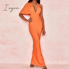 Ingvn - 2023 Fashion Trends Draped Backless Women Side Split Evening Club Party Dress New Sexy V Neck Orange Black Long Bandage Dress Vestidos