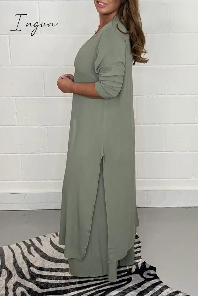 Ingvn - Casual Simplicity Solid Slit V Neck Long Sleeve Two Pieces(6 Colors)
