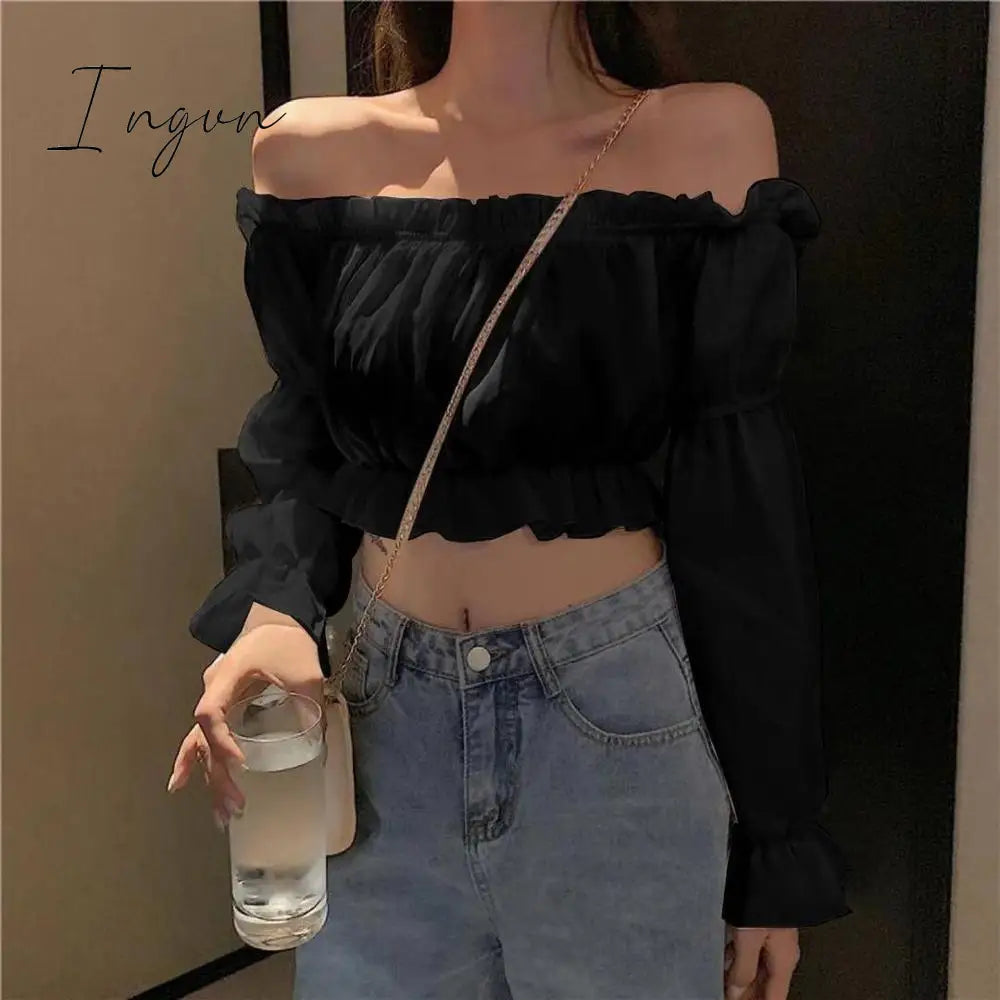Ingvn - Women Top Sexy Blouse Off Shoulder Top Long Sleeve Club Party White Shirt Puff Sleeve Ruffle Crop Top Summer Tube Top