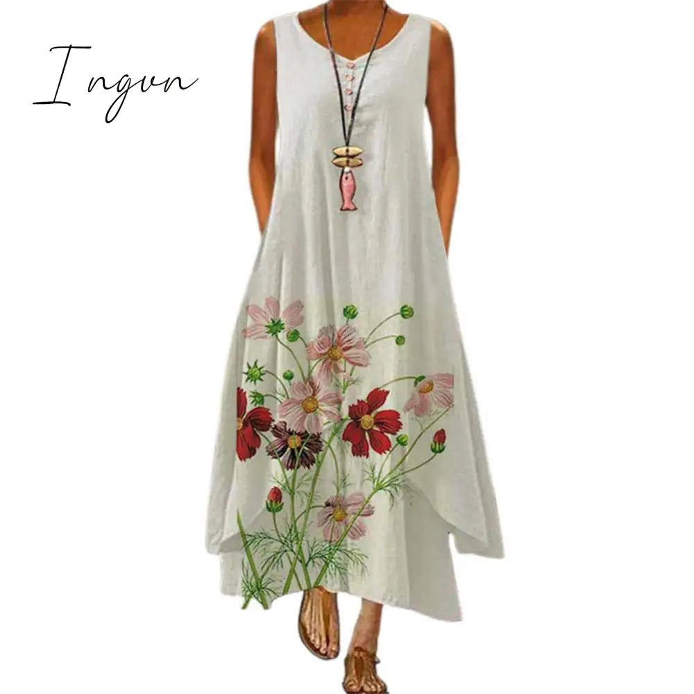 Ingvn - Summer Dress Plus Size Floral Print Irregular Hem Women Buttons Round Neck Dress Women's Clothing Sleeveless Beach Maxi Dresses